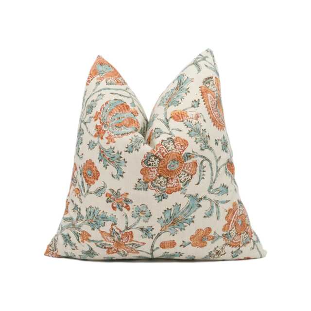 Lisa Fine Textiles - Zahra Apricot/Teal Pretty Classic Style Floral Cushion Cover Handmade Throw Pillow Designer Home D??cor - image 1