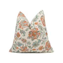 Lisa Fine Textiles - Zahra Apricot/Teal Pretty Classic Style Floral Cushion Cover Handmade Throw Pillow Designer Home D??cor - thumbnail 1