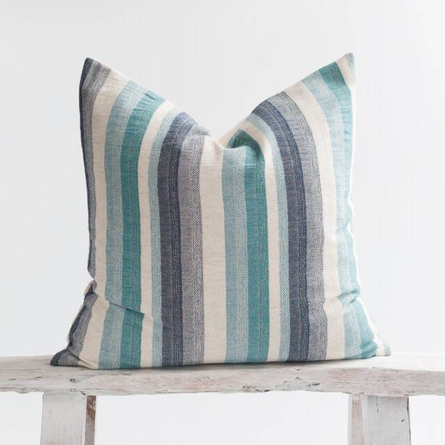 Woven Cotton Linen Pillow, Turquoise Blue Green Striped Cushion, Farmhouse Nautical Decor - image 1