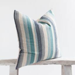 Woven Cotton Linen Pillow, Turquoise Blue Green Striped Cushion, Farmhouse Nautical Decor - thumbnail 3