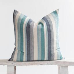 Woven Cotton Linen Pillow, Turquoise Blue Green Striped Cushion, Farmhouse Nautical Decor - thumbnail 1