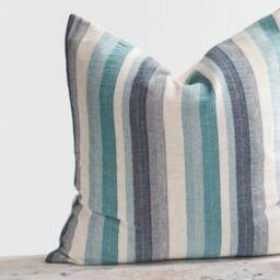 Woven Cotton Linen Pillow, Turquoise Blue Green Striped Cushion, Farmhouse Nautical Decor - thumbnail 2