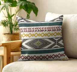 Mexican Striped Geometric Cushion Cover - Woven Ethnic Decor Green & Gold Linen Throw Pillow 18 - thumbnail 1