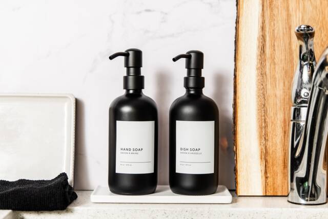 Black Glass Soap Dispenser Refillable Bottle With Waterproof Label - image 1