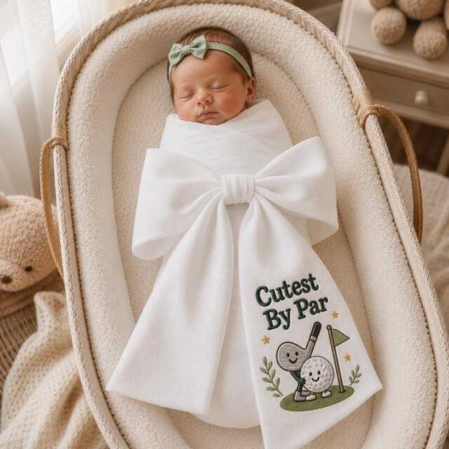 Cutest By Par Embroidered Newborn Bow Sash, Golf Baby Swaddle, Sash For Picture, Shower Gift - image 1
