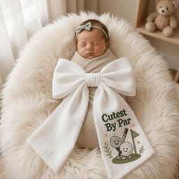 Cutest By Par Embroidered Newborn Bow Sash, Golf Baby Swaddle, Sash For Picture, Shower Gift - thumbnail 3