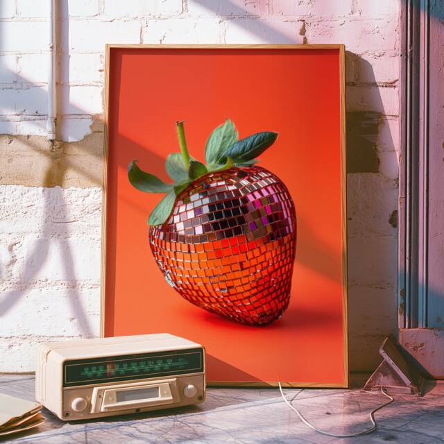 Orange Disco Strawberry Art Print Y2K Mirrorball Decor - image 1