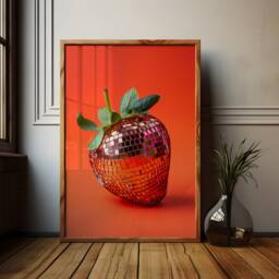 Orange Disco Strawberry Art Print Y2K Mirrorball Decor - thumbnail 3