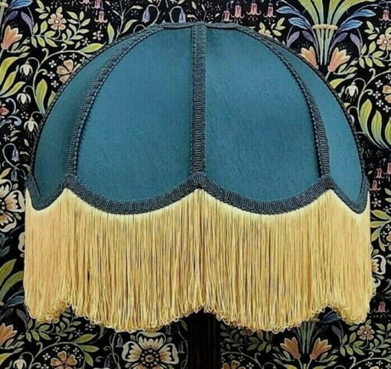 Handmade Blue Dome Lampshade Champagne Fringe, British Made - image 1