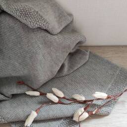 Baby Blanket in Dark Beige Merino Wool, Taupe Hand-Knitted Jersey & Moss Stitch - thumbnail 2