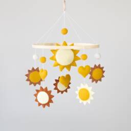 Handmade Felt Baby Mobile With Suns & Hearts, Unique Nursery Decor - thumbnail 1