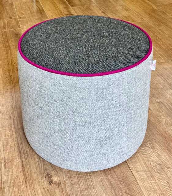 Harris Tweed Grey & Charcoal Herringbone Floating Footstool With Fuchsia Piping Detail - image 1