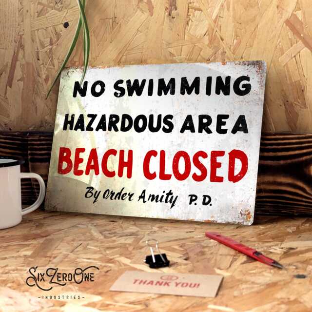 No Swimming Amity Pd Metal Sign - Worn Look Rusty Print. Movie Replica Beach Closed Shark - image 1