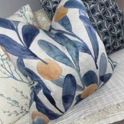 Floral Blue Cushion Cover, Scatter Pillow Cotton Linen Decorative Chair Designer Throw - Voyage Fabric Katsura - thumbnail 2