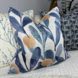 Floral Blue Cushion Cover, Scatter Pillow Cotton Linen Decorative Chair Designer Throw - Voyage Fabric Katsura - thumbnail 1