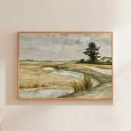 Meadow River Poster, Neutral Landscape Print, Country Wall Art, Paper - thumbnail 1