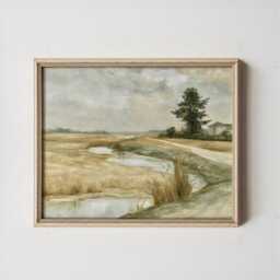 Meadow River Poster, Neutral Landscape Print, Country Wall Art, Paper - thumbnail 4