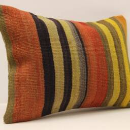 Vintage Wool Kilim Pillow Cover, Striped Lumbar Cushion - 14x20 In - thumbnail 2
