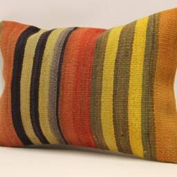 Vintage Wool Kilim Pillow Cover, Striped Lumbar Cushion - 14x20 In - thumbnail 3
