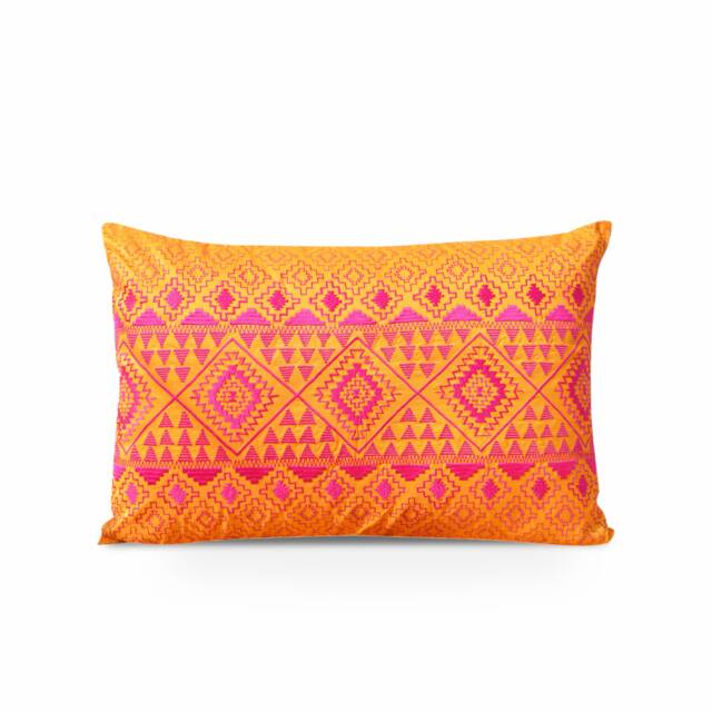Kilim Embroidered Pillow Cover, Orange & Pink Polytafetta - 14x21 Inch - image 1
