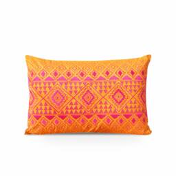 Kilim Embroidered Pillow Cover, Orange & Pink Polytafetta - 14x21 Inch - thumbnail 1