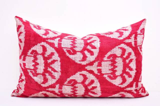 Red Velvet Ikat Pillow Cover, Silk Accent Cushion - image 1