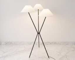 Floor Lamp in Black Color Contemporary Standing With White Fabric Lined Shades For Office Cafe Corner Interior Decor-Steel, Brass Accent