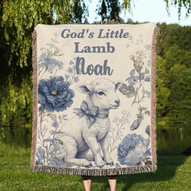 Personalized Christening Blanket, God's Little Lamb Keepsake, Custom Name Baptism Throw, Blue Floral Baby Dedication Gift - image 1