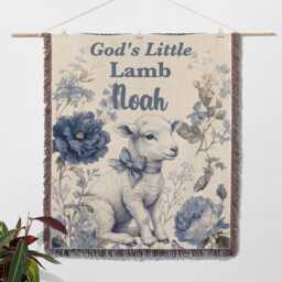 Personalized Christening Blanket, God's Little Lamb Keepsake, Custom Name Baptism Throw, Blue Floral Baby Dedication Gift - thumbnail 2