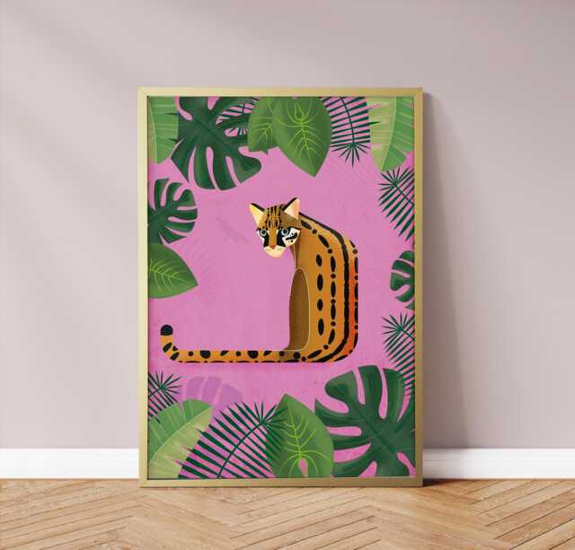Botanical Ocelot Print - Tropical Art Jungle Animal Wall Home Decor - image 1