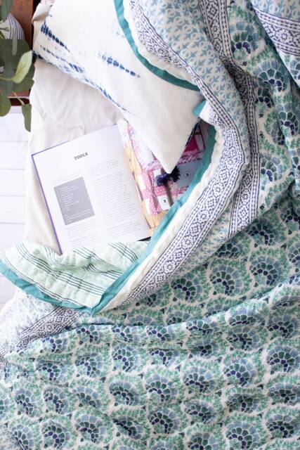 Hand Block Print Twin Quilt - Floral Kantha Stitched Comforter, Boho Bedding - image 1