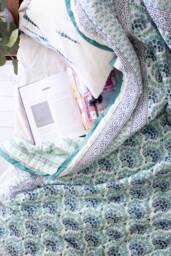 Hand Block Print Twin Quilt - Floral Kantha Stitched Comforter, Boho Bedding - thumbnail 1