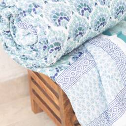 Hand Block Print Twin Quilt - Floral Kantha Stitched Comforter, Boho Bedding - thumbnail 3