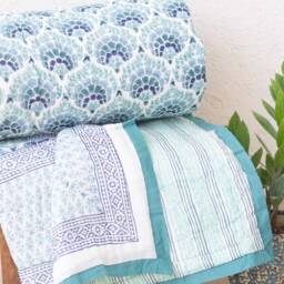 Hand Block Print Twin Quilt - Floral Kantha Stitched Comforter, Boho Bedding - thumbnail 2