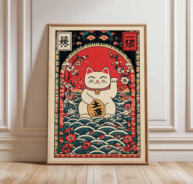 Lucky Cat Poster, Japanese Maneki Neko Wall Art, Red & Gold Fortune Print, Asian Good Luck Home Decor, Oriental Prosperity Artwork - image 1