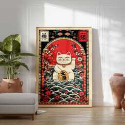 Lucky Cat Poster, Japanese Maneki Neko Wall Art, Red & Gold Fortune Print, Asian Good Luck Home Decor, Oriental Prosperity Artwork - thumbnail 3