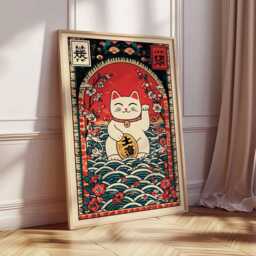 Lucky Cat Poster, Japanese Maneki Neko Wall Art, Red & Gold Fortune Print, Asian Good Luck Home Decor, Oriental Prosperity Artwork - thumbnail 2