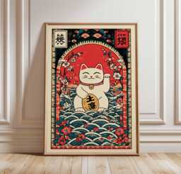 Lucky Cat Poster, Japanese Maneki Neko Wall Art, Red & Gold Fortune Print, Asian Good Luck Home Decor, Oriental Prosperity Artwork - thumbnail 1