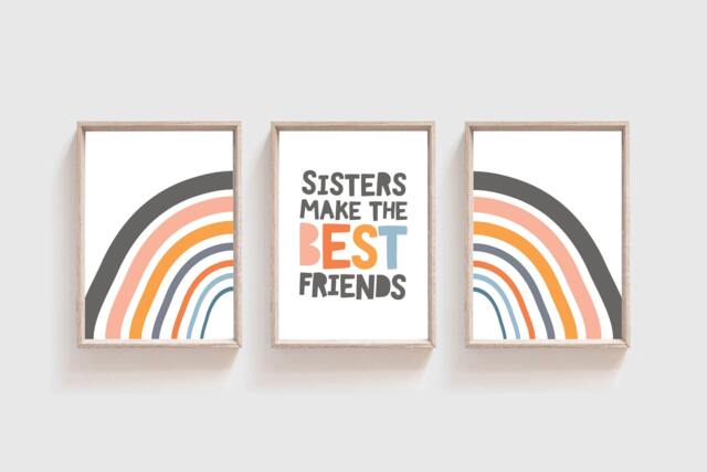 Set Of 3 Sister Rainbow Prints, Girls Nursery Bedroom Wall Art, Pastel Sibling - image 1
