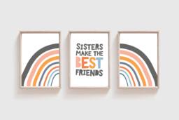 Set Of 3 Sister Rainbow Prints, Girls Nursery Bedroom Wall Art, Pastel Sibling - thumbnail 1