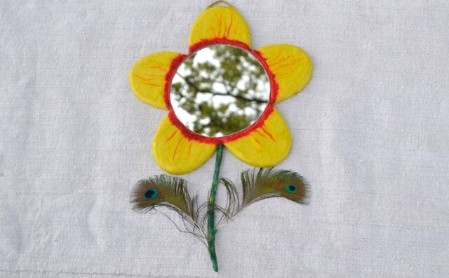 2 Peacock Feathers Flower, Yellow Flower Wall Mirror, Unique Mirrors, Red & Boho Decor, Small Bedroom Decorative Mirror - image 1