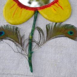 2 Peacock Feathers Flower, Yellow Flower Wall Mirror, Unique Mirrors, Red & Boho Decor, Small Bedroom Decorative Mirror - thumbnail 2