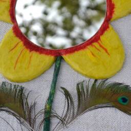 2 Peacock Feathers Flower, Yellow Flower Wall Mirror, Unique Mirrors, Red & Boho Decor, Small Bedroom Decorative Mirror - thumbnail 3