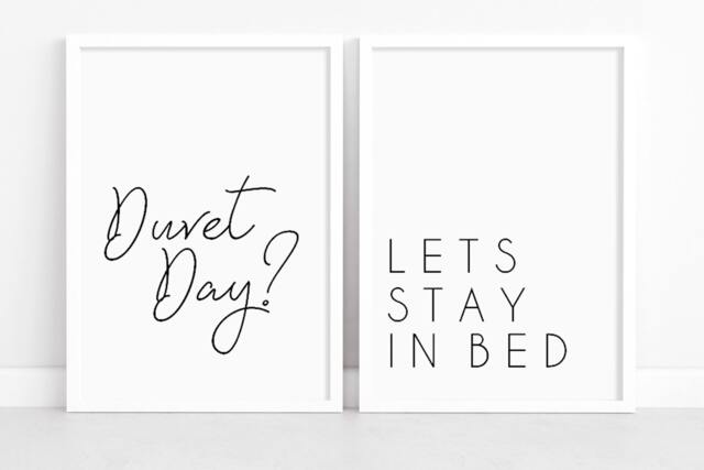 Duvet Day Prints Bedroom Wall Art Set, Minimalist Quote Print, Monochrome, Contemporary Text Decor - image 1