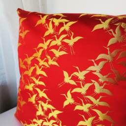Golden Crane Brocade Pillow Case, Red & Gold Decor Cover, Japanese Geometric Obi Brocade, Sofa Bedding, Kimono Throw Case - thumbnail 3