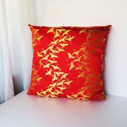 Golden Crane Brocade Pillow Case, Red & Gold Decor Cover, Japanese Geometric Obi Brocade, Sofa Bedding, Kimono Throw Case - thumbnail 2