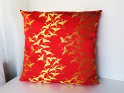 Golden Crane Brocade Pillow Case, Red & Gold Decor Cover, Japanese Geometric Obi Brocade, Sofa Bedding, Kimono Throw Case