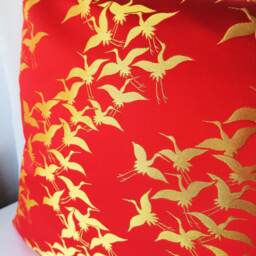 Golden Crane Brocade Pillow Case, Red & Gold Decor Cover, Japanese Geometric Obi Brocade, Sofa Bedding, Kimono Throw Case - thumbnail 4
