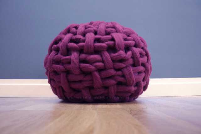 Chunky Knit Pouf Ottoman Purple Footstool Merinos Wool Handmade in Italy Unique Gifts