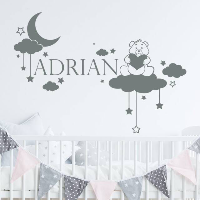 Girls Name Wall Decal. Teddy Bear Decal Sticker. Custom Name. Nursery Decor. Vinyl Cloud Decals. Star Vinyl. Girl Room Mm13 - image 1